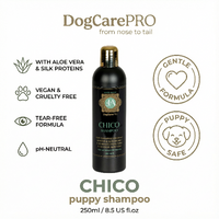 DogCarePRO Chico puppy shampoo bottle with product features on a white background