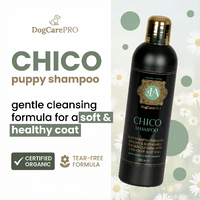 DogCarePRO Chico puppy shampoo bottle with product details on a light green background