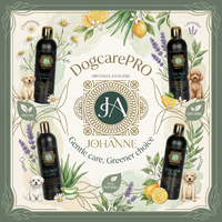 DogcarePRO Johanne product packaging with bottles, dogs, and natural elements on a decorative background.
