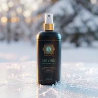 Bottle of 'Milord Bio Fly Protect' spray on a snowy background