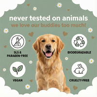 Dog with green background and ethical branding icons, text 'never tested on animals', and a smiling dog. Dogcarepro