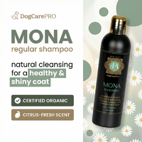 DogCarePRO Mona regular shampoo bottle with product details on a light background with flowers.