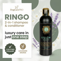 DogCarePRO Ringo 2-in-1 shampoo & conditioner bottle with packaging on a floral background
