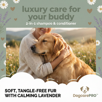 Advertisement for DogcarePRO 2-in-1 shampoo & conditioner with a person hugging a dog in a field.