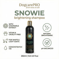 DogcarePRO Snowie brightening shampoo bottle with product details on a white background