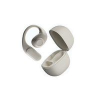 White wireless earbuds with charging case on a white background