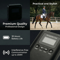 Transmitter with features highlighted, including battery life and communication range, alongside a rider on a horse.