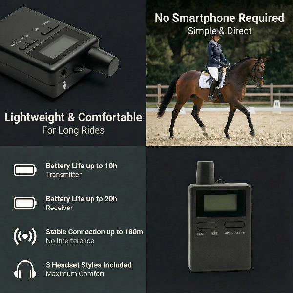 Equestrian communication device with horse and rider, highlighting features like battery life and stable connection.