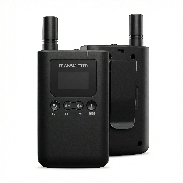 Black HorsewhispererPRO transmitter front and back set on a white background