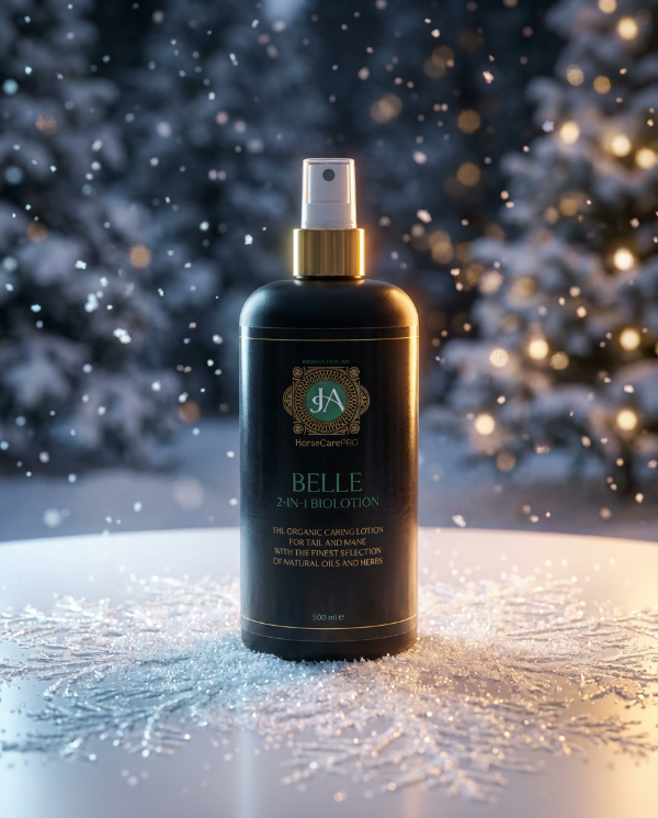 Bottle of 'Belle' 2-in-1 toiletries with a gold cap against a snowy background