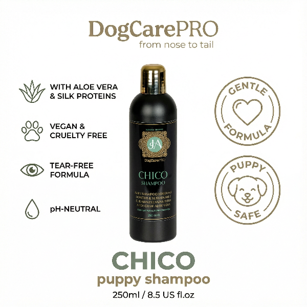 DogCarePRO Chico puppy shampoo bottle with product features on a white background