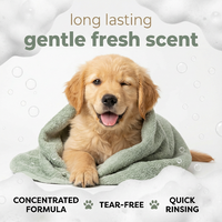 Puppy wrapped in a towel with text about a gentle fresh scent product. horsecarepro