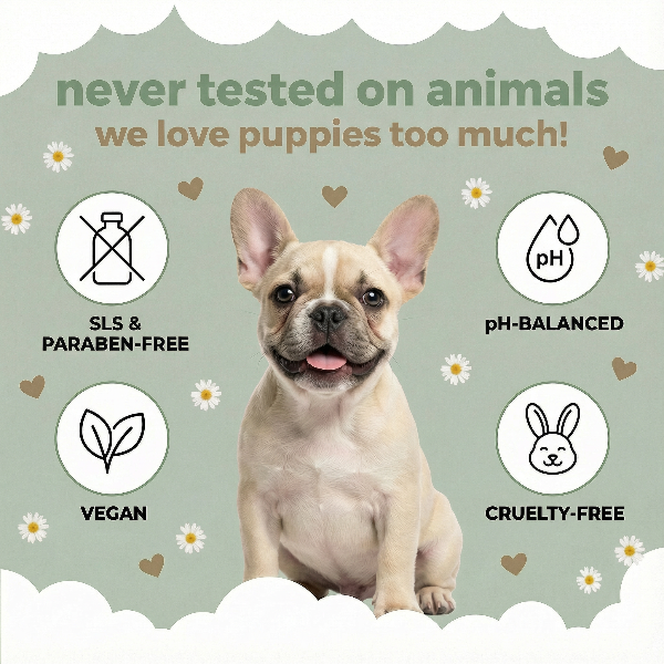 Dog sitting on a green background with product benefits icons and text. horsecarepro