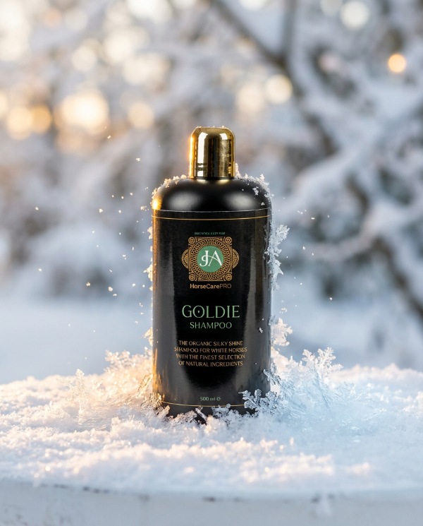Goldie shampoo bottle in the snow with a blurred winter background