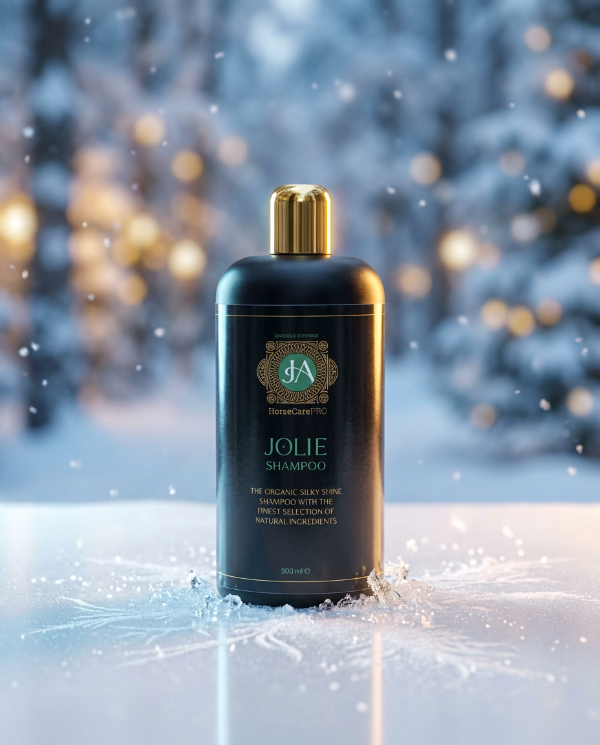 Jolie shampoo bottle with gold cap on a snowy background