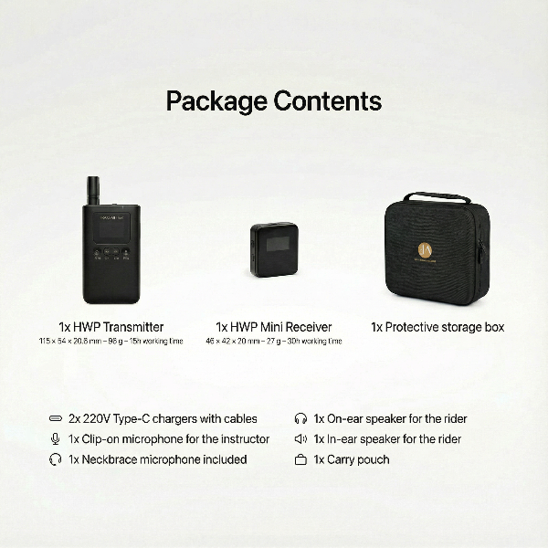 Package contents list with HWP transmitter, receiver, and storage box on a white background