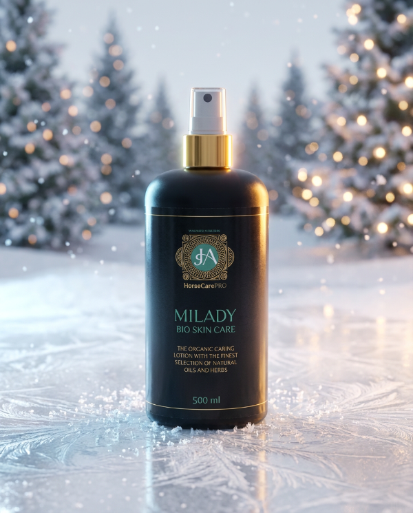 Bottle of 'Milady' skincare product with a gold cap against a snowy background