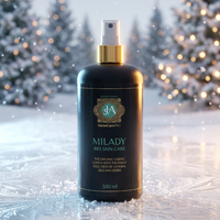 Bottle of 'Milady' skincare product with a gold cap against a snowy background