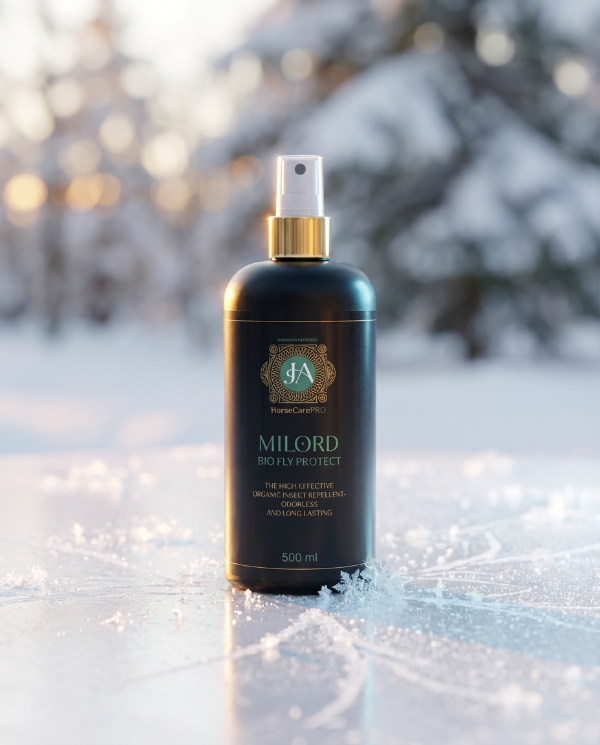 Bottle of 'Milord Bio Fly Protect' spray on a snowy background