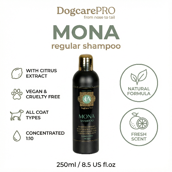 DogcarePRO Mona regular shampoo bottle with product details on a white background