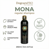 DogcarePRO Mona regular shampoo bottle with product details on a white background