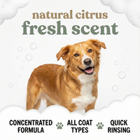Dog with 'natural citrus fresh scent' text and product features on a light background. dogcarePRO