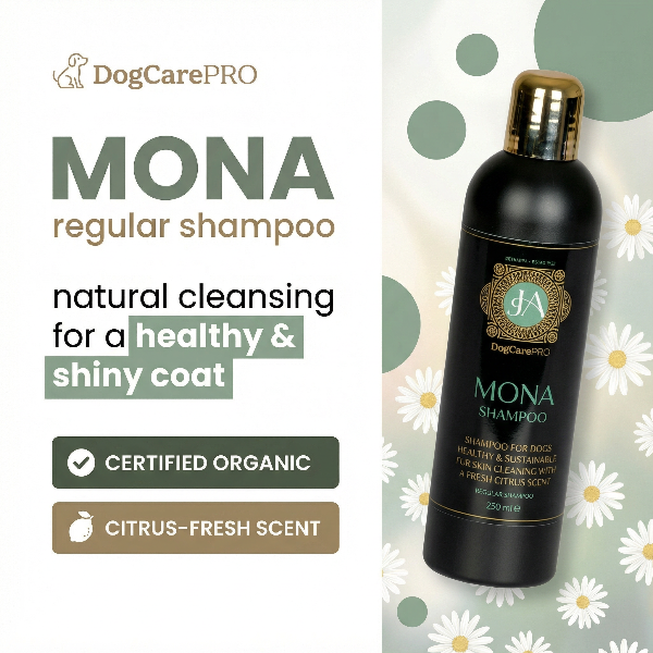 DogCarePRO Mona regular shampoo bottle with product details on a light background with flowers.