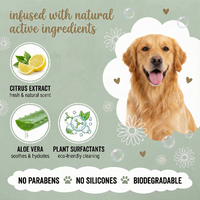 Dog with natural product ingredients and benefits on a green background. DogcarePRO