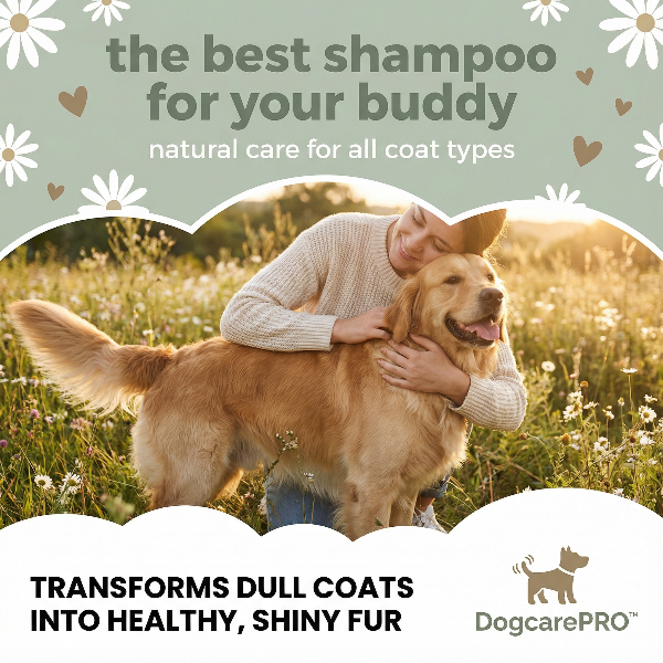 Woman hugging a golden dog in a field with promotional text for DogcarePRO shampoo.