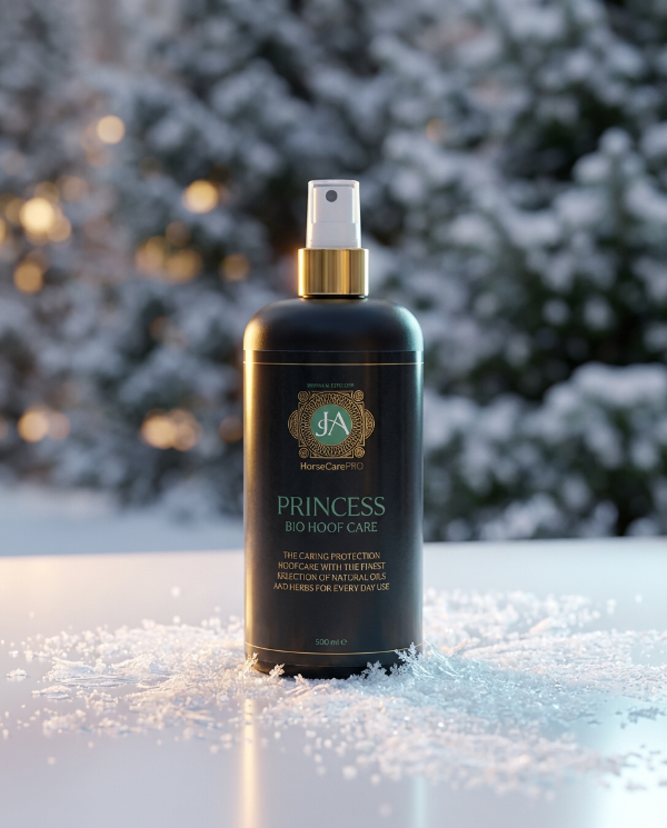 Bottle of Princess Hoof Care product in the snow with trees in the background
