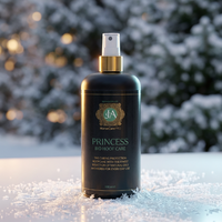 Bottle of Princess Hoof Care product in the snow with trees in the background