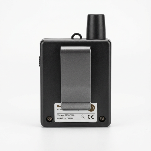 Black electronic device with a metallic panel on a white background