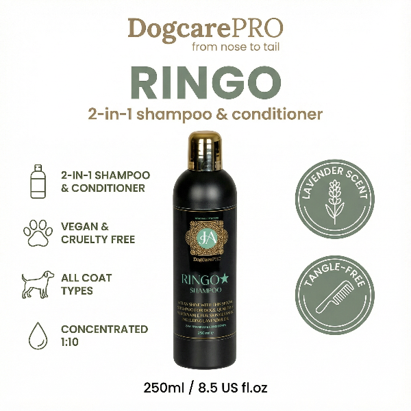 DogcarePRO Ringo 2-in-1 shampoo & conditioner bottle with product details on a white background