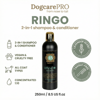 DogcarePRO Ringo 2-in-1 shampoo & conditioner bottle with product details on a white background