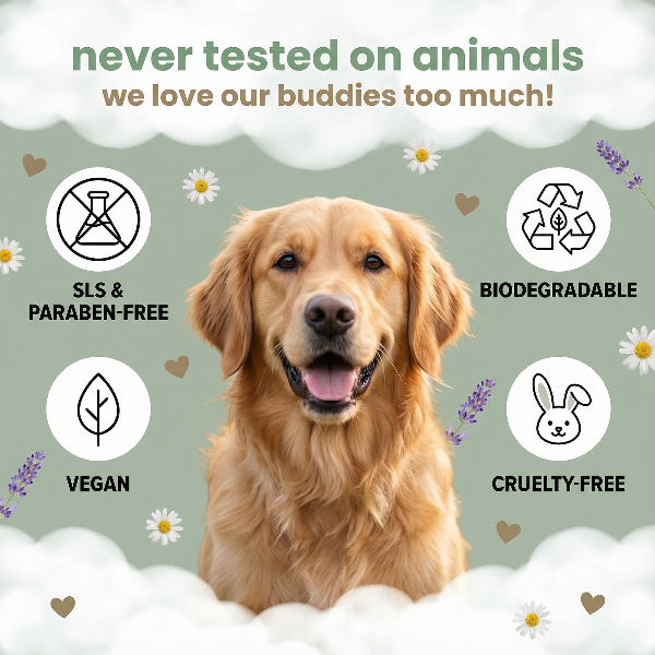 Dog with green background and ethical branding icons, including vegan, cruelty-free, and biodegradableh. Dogcarepro