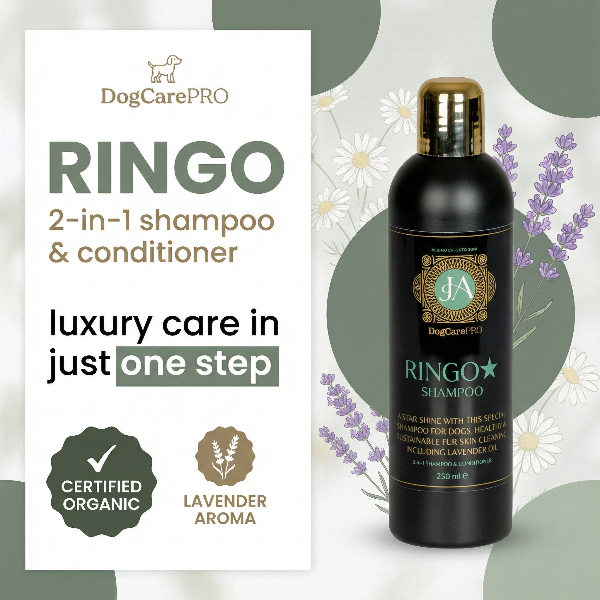 DogCarePRO Ringo 2-in-1 shampoo & conditioner bottle with packaging on a floral background