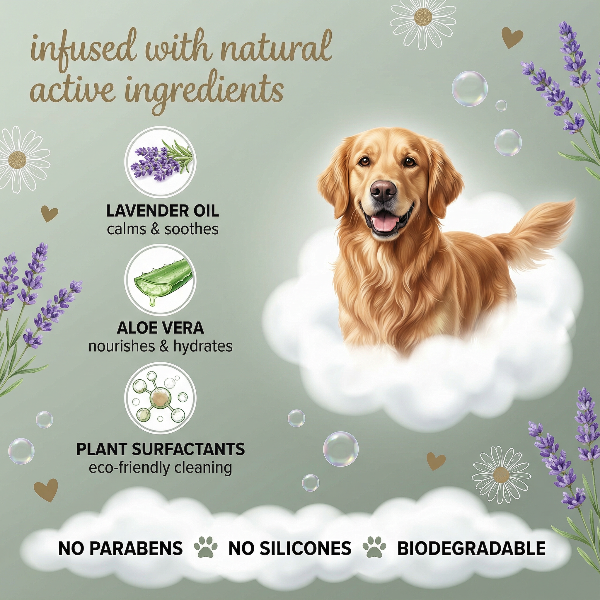 Dog with bath foam, lavender, aloe vera, and plant surfactants on a green background. Dogcarepro