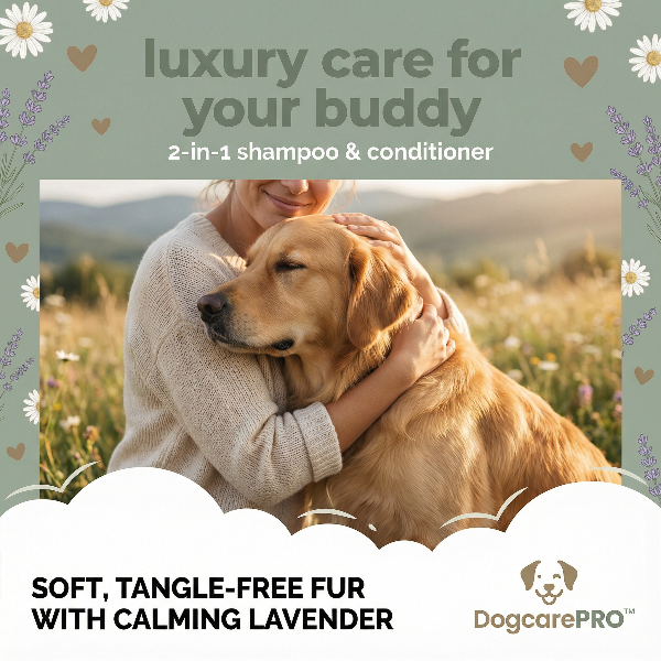 Advertisement for DogcarePRO 2-in-1 shampoo & conditioner with a person hugging a dog in a field.