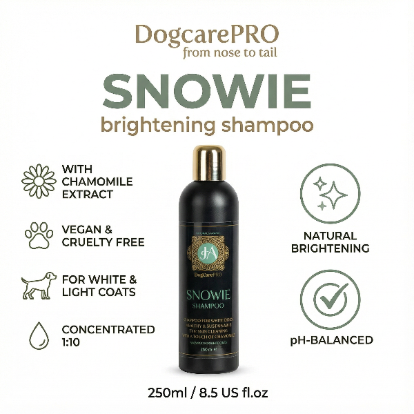 DogcarePRO Snowie brightening shampoo bottle with product details on a white background