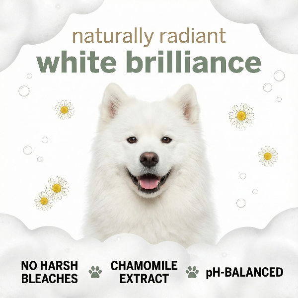 White dog with 'naturally radiant white brilliance' text and product benefits on a light gray background.