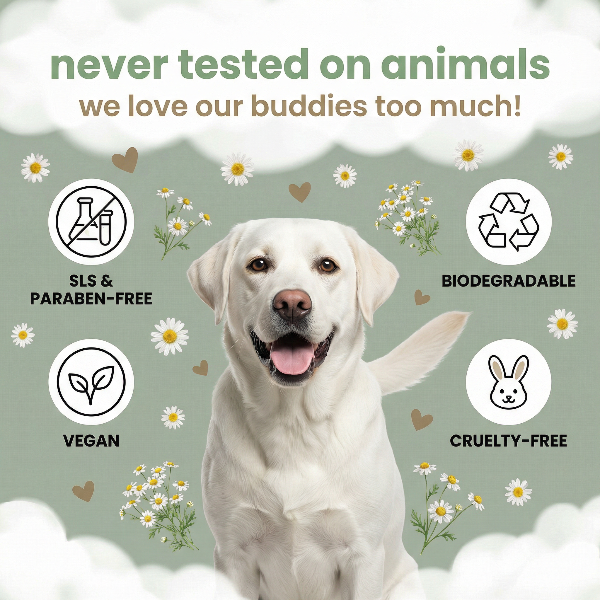 White dog with green background and ethical branding icons