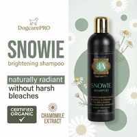 DogcarePRO Snowie brightening shampoo bottle with branding and product details on a light background.