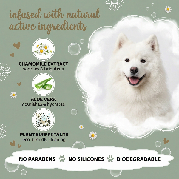 White dog with natural product ingredients and benefits on a green background