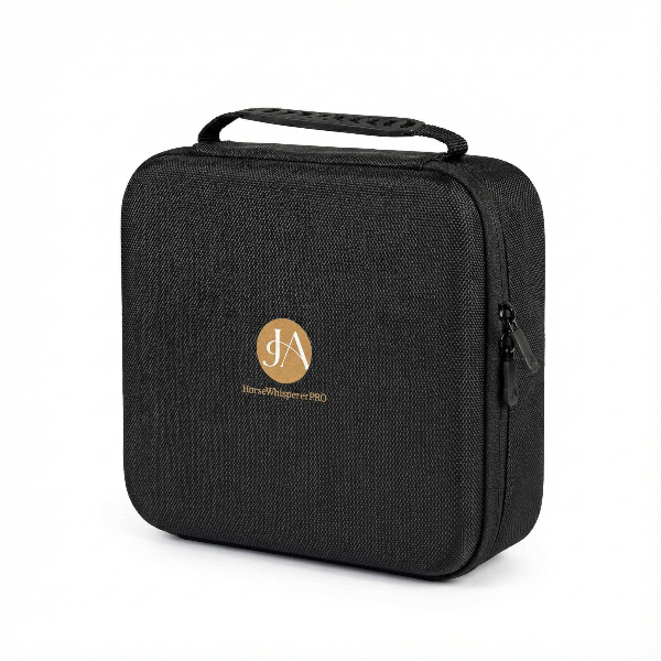 Black carrying case for HorsewhispererPRO Instruction devices with a gold Johanne logo on a white background