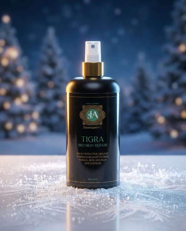 Bottle of Tigra Bio Skin Repair product with a snowy background